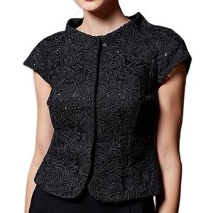 Carmen Marc Valvo Black Beaded Lace Evening Top Women's 6 Sleeveless Sheer Panel